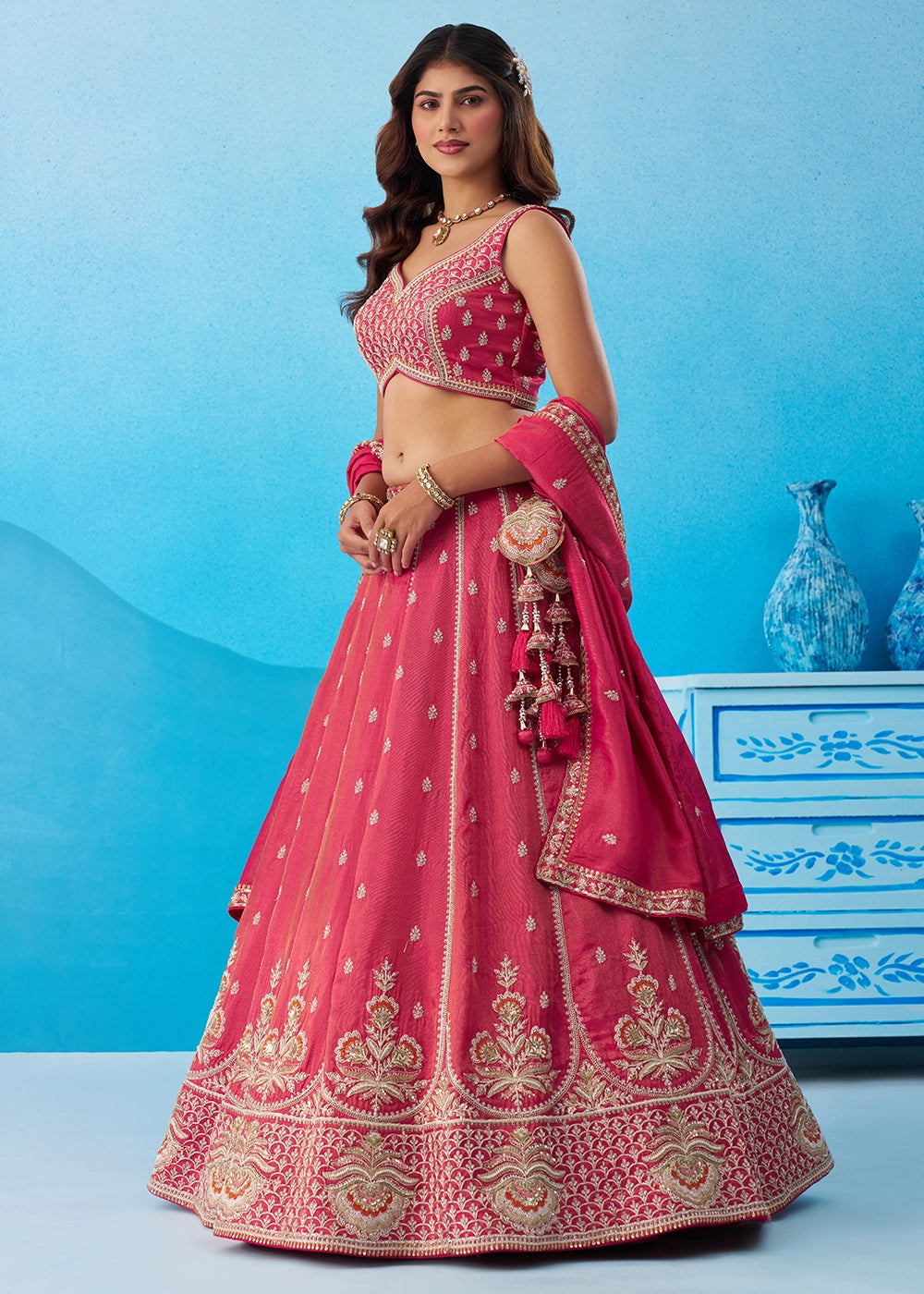 Magenta Pink Tissue Lehenga Choli with Beads & Sequins work