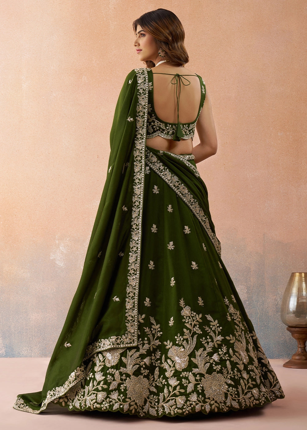 Seaweed Green Tissue Lehenga Choli with Sequin & Zari Detailing