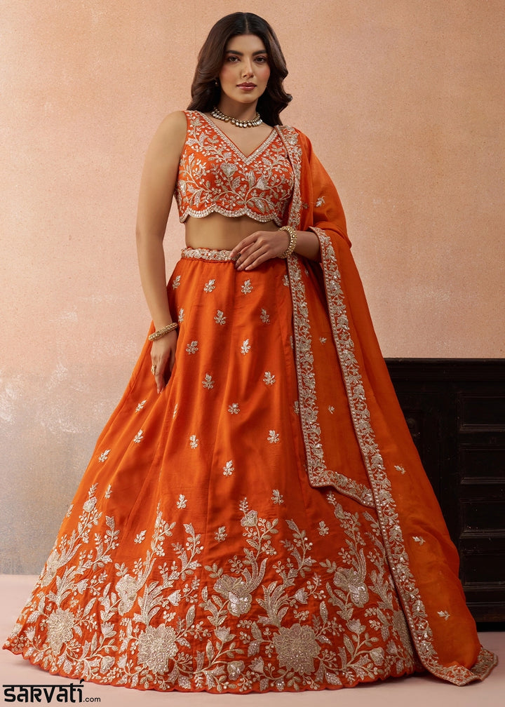 Flame Orange Tissue Lehenga Choli with Sequin & Zari Detailing