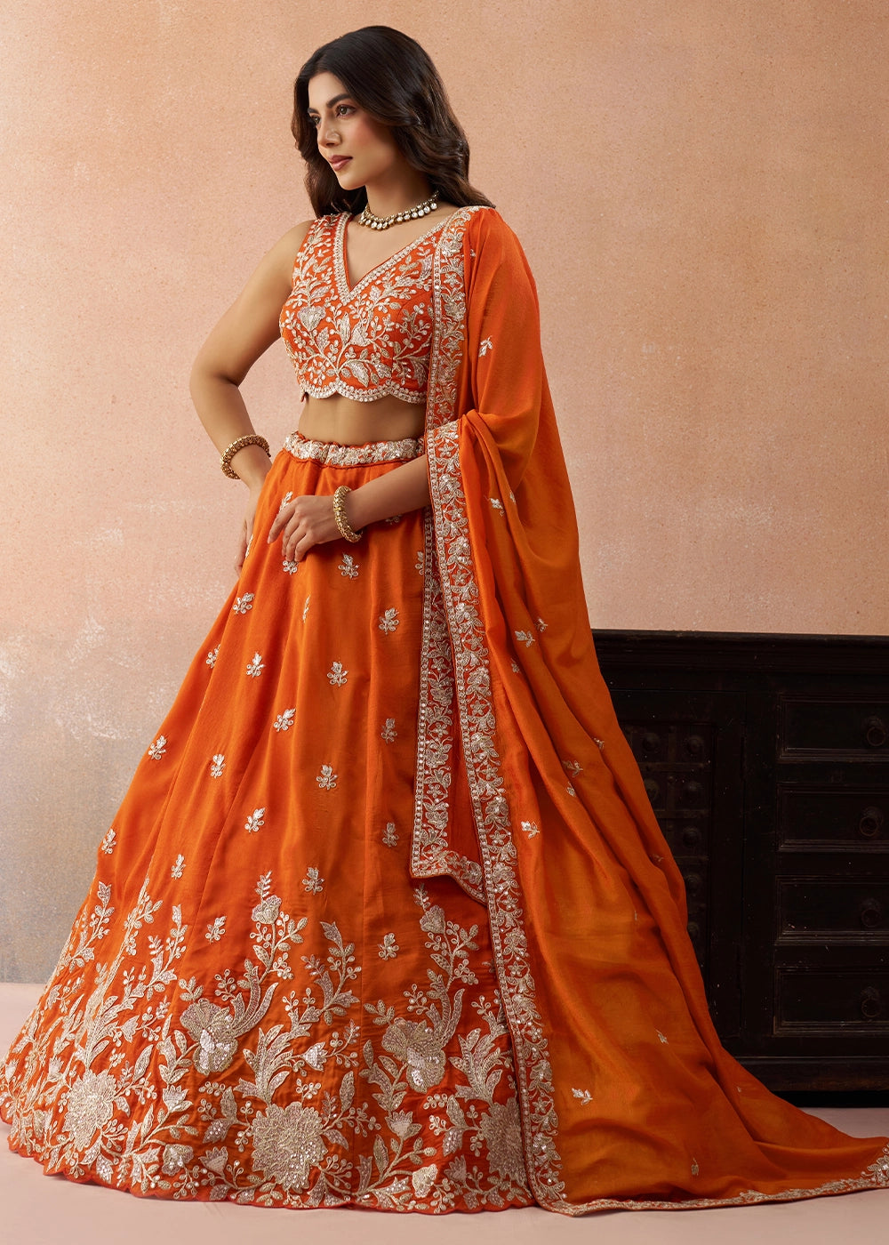 Flame Orange Tissue Lehenga Choli with Sequin & Zari Detailing