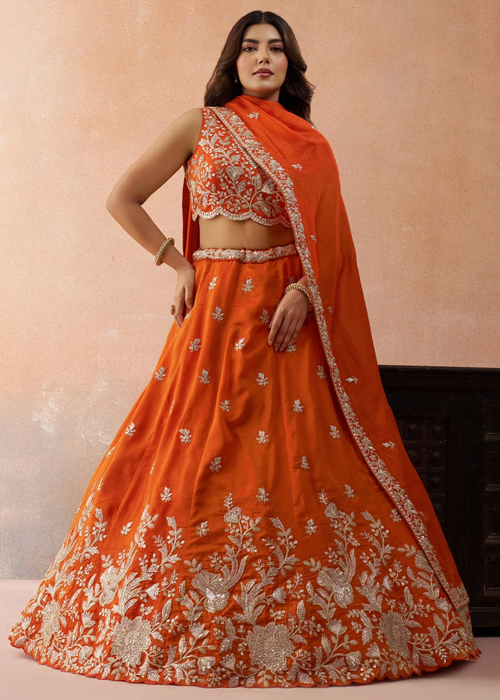 Flame Orange Tissue Lehenga Choli with Sequin & Zari Detailing