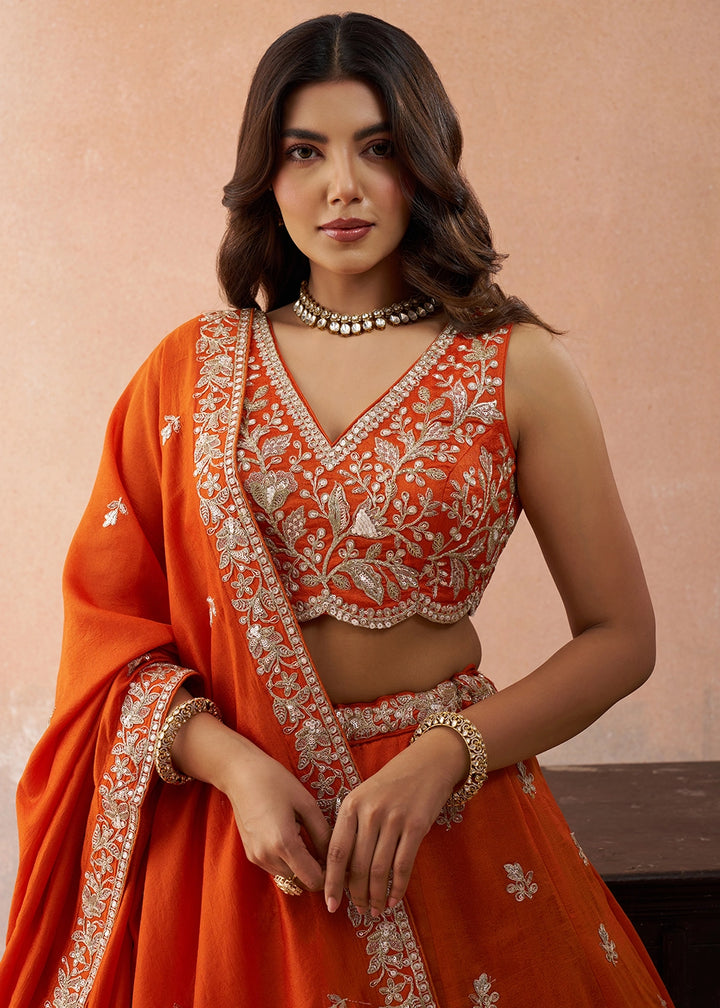 Flame Orange Tissue Lehenga Choli with Sequin & Zari Detailing