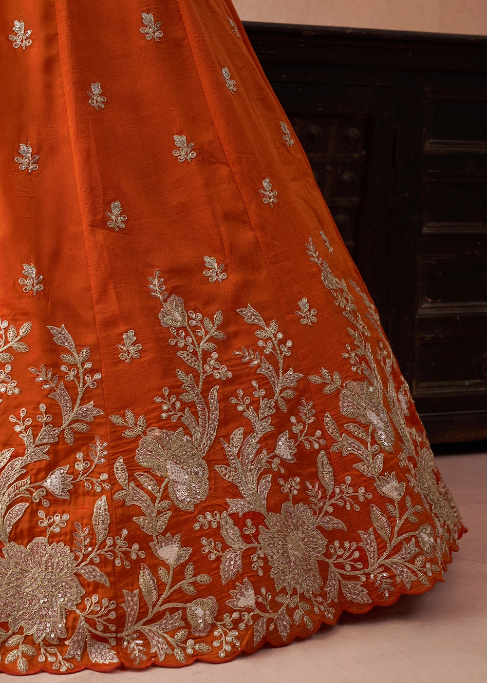 Flame Orange Tissue Lehenga Choli with Sequin & Zari Detailing