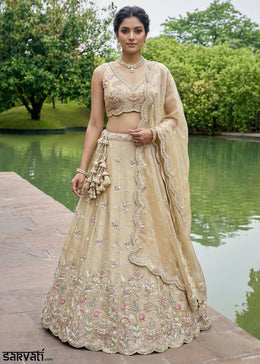 Chiku Beige Silk Blend Lehenga Choli with Floral Embroidery