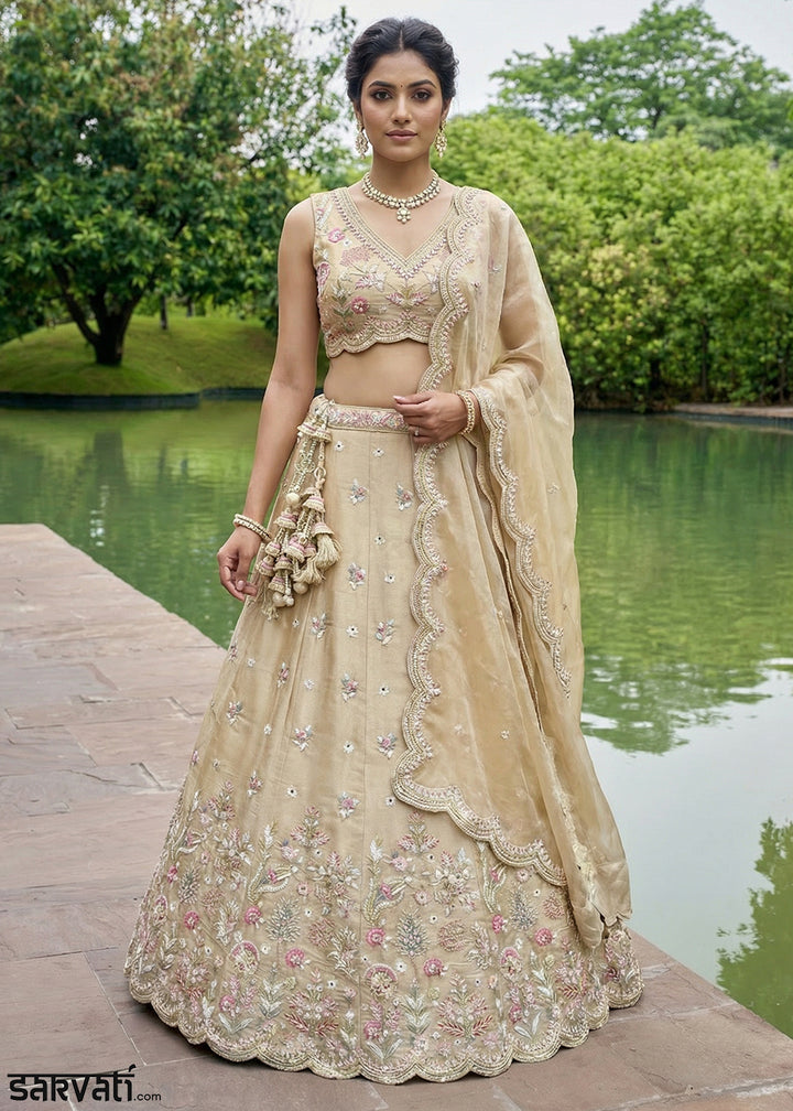 Chiku Beige Silk Blend Lehenga Choli with Floral Embroidery