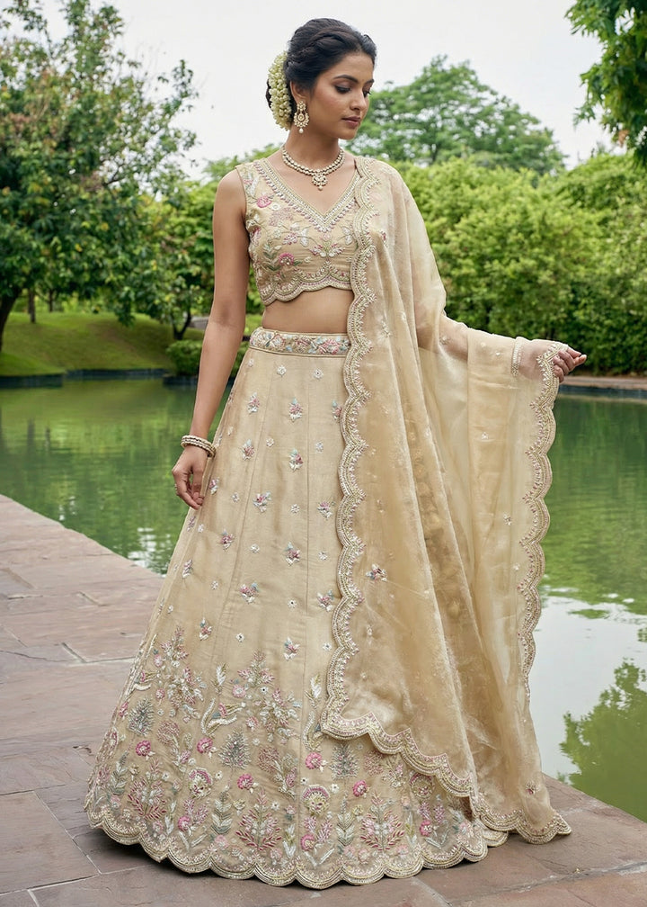 Chiku Beige Silk Blend Lehenga Choli with Floral Embroidery