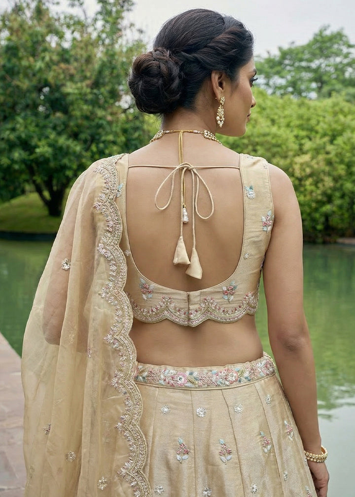 Chiku Beige Silk Blend Lehenga Choli with Floral Embroidery