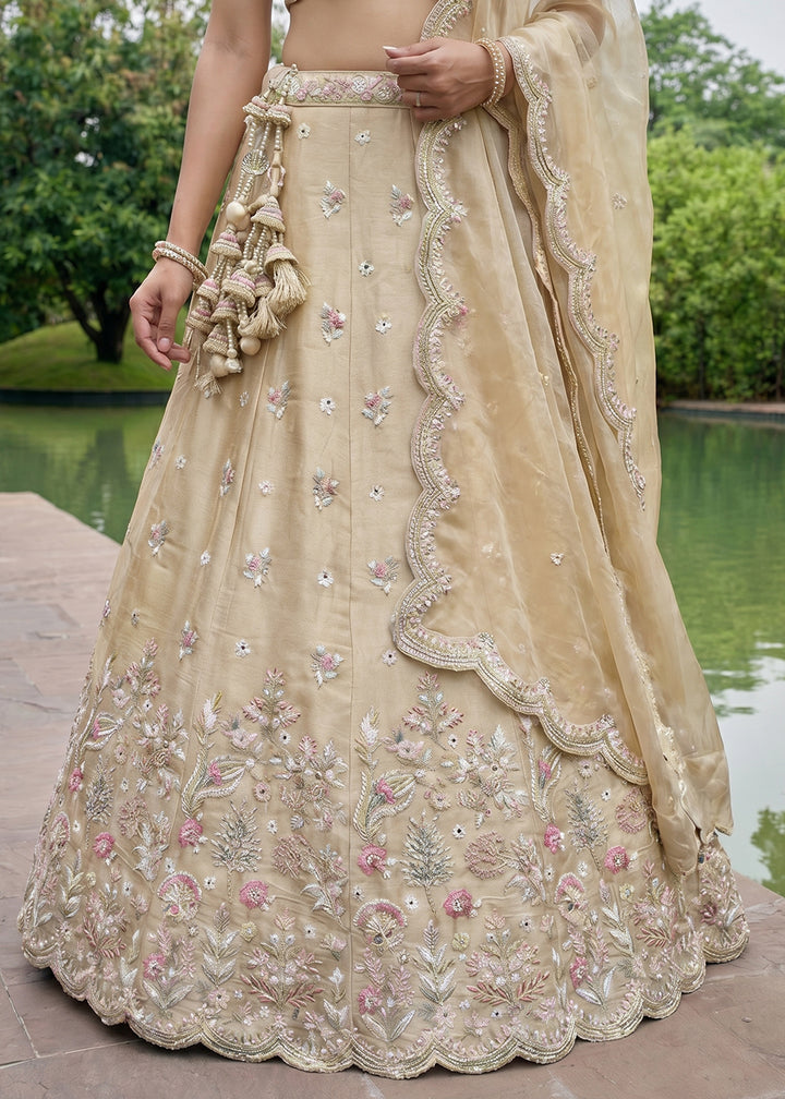Chiku Beige Silk Blend Lehenga Choli with Floral Embroidery