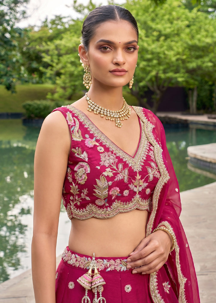 Cherry Pink Silk Blend Lehenga Choli with Floral Embroidery