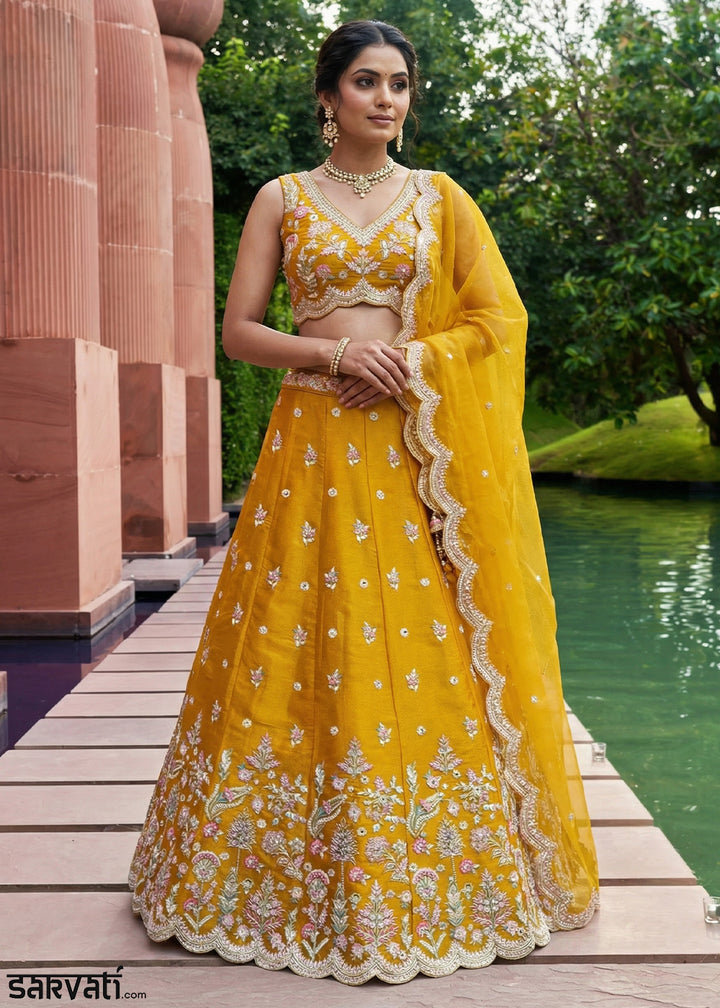 Orange Silk Blend Lehenga Choli with Floral Embroidery