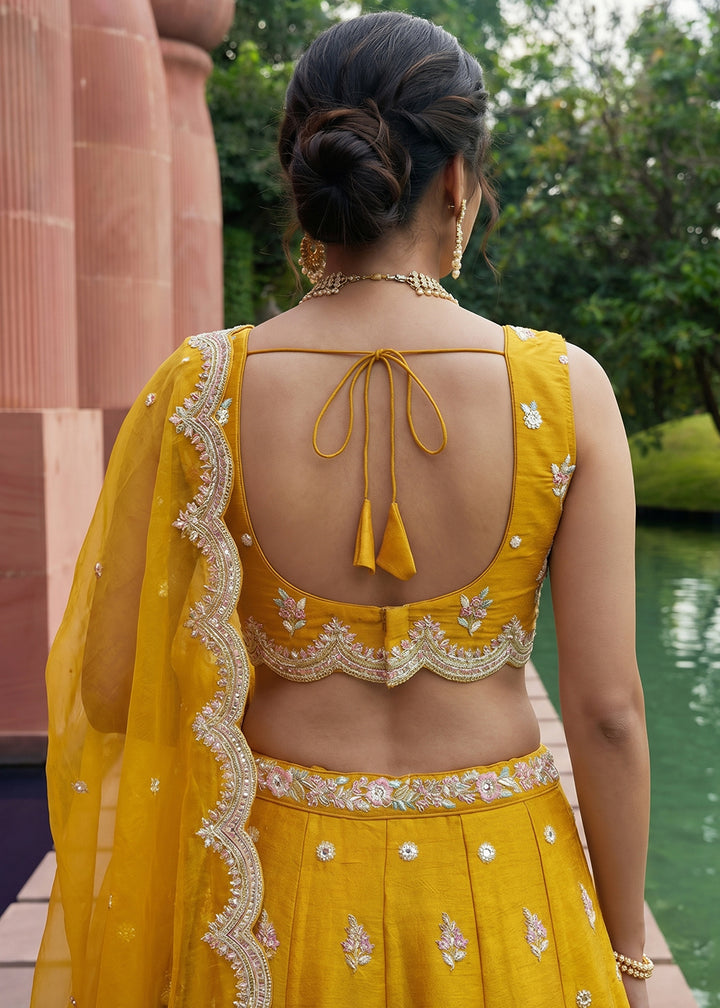 Orange Silk Blend Lehenga Choli with Floral Embroidery