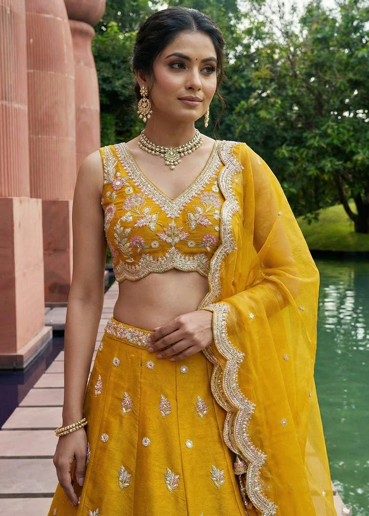 Orange Silk Blend Lehenga Choli with Floral Embroidery