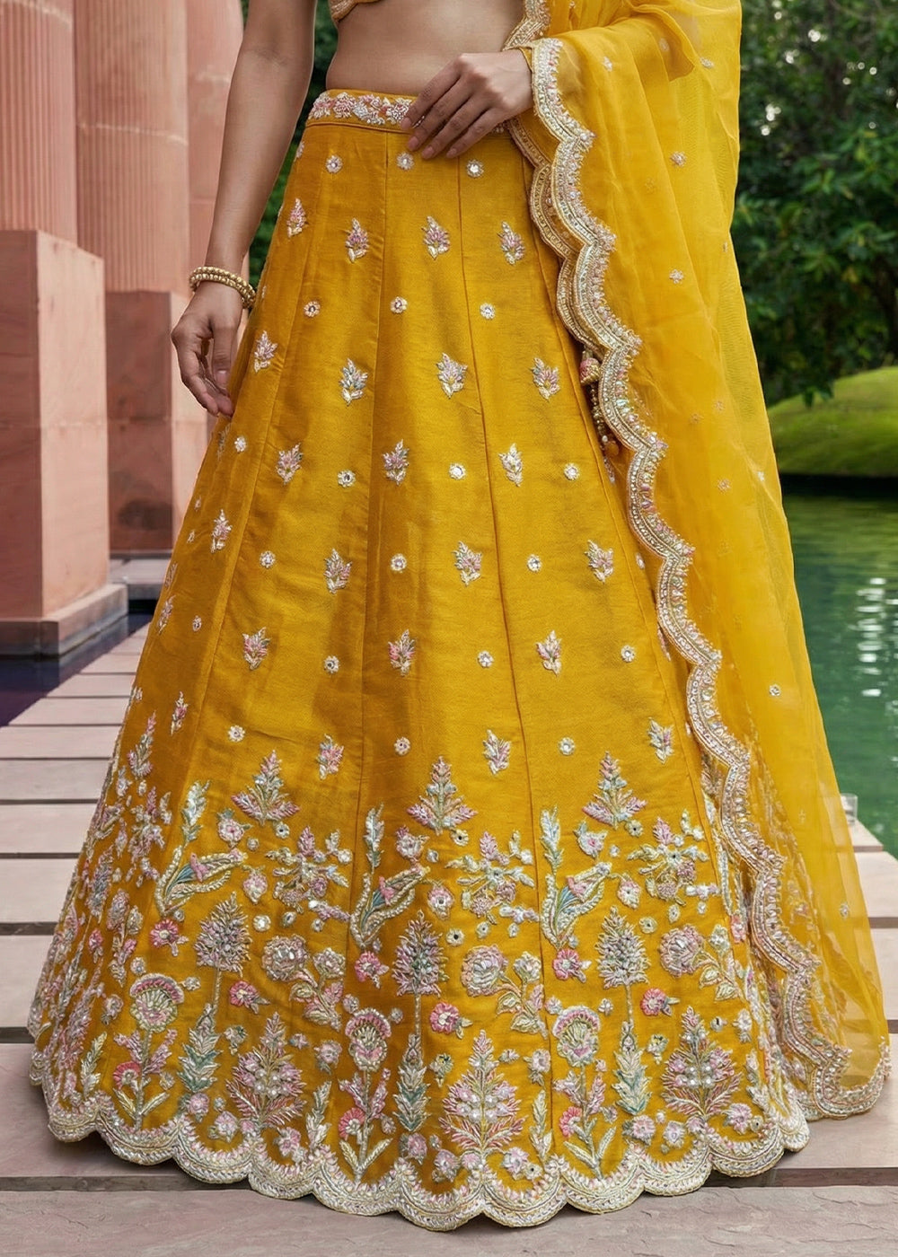 Orange Silk Blend Lehenga Choli with Floral Embroidery
