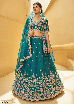 Rama Green Silk Blend Lehenga Choli with Floral Embroidery