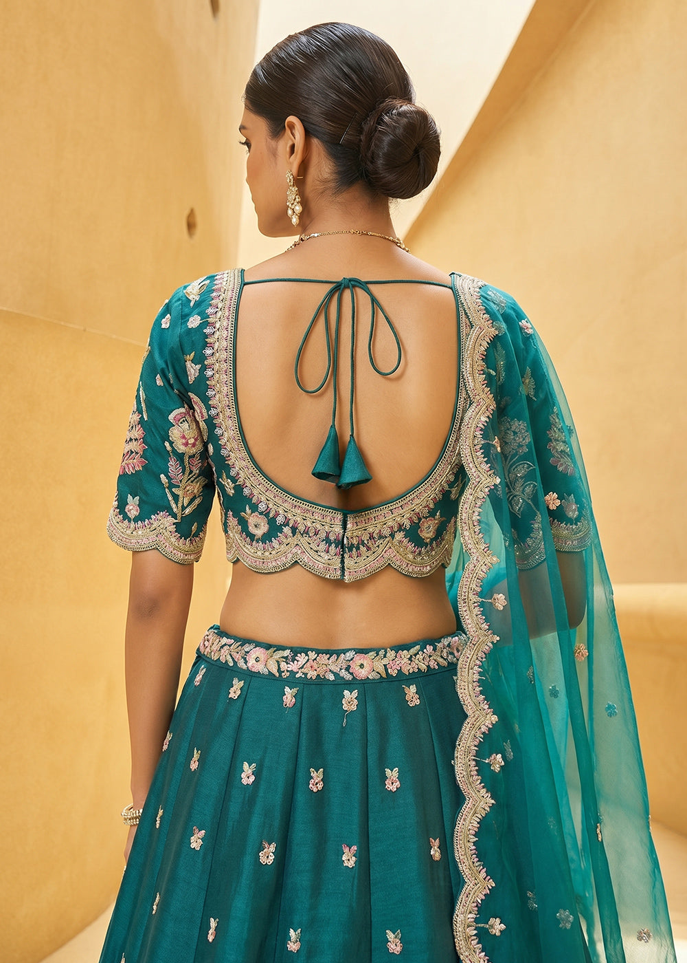 Rama Green Silk Blend Lehenga Choli with Floral Embroidery