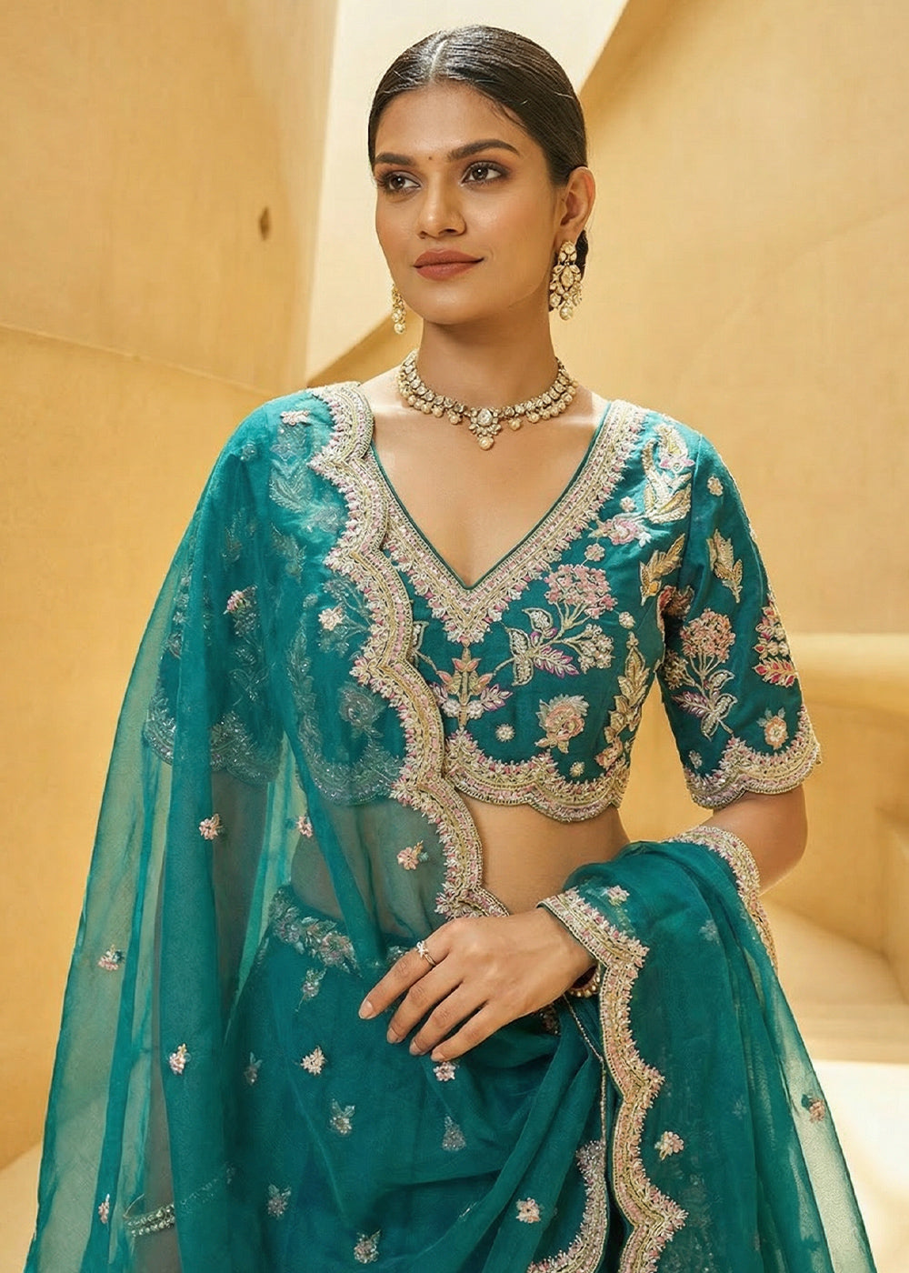 Rama Green Silk Blend Lehenga Choli with Floral Embroidery