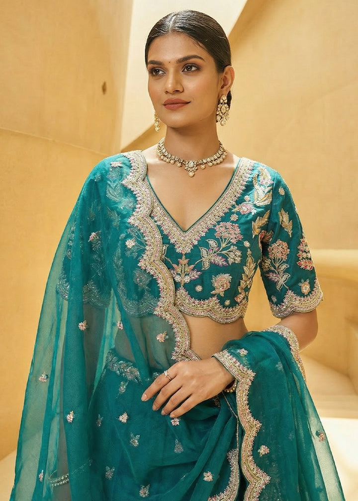 Rama Green Silk Blend Lehenga Choli with Floral Embroidery