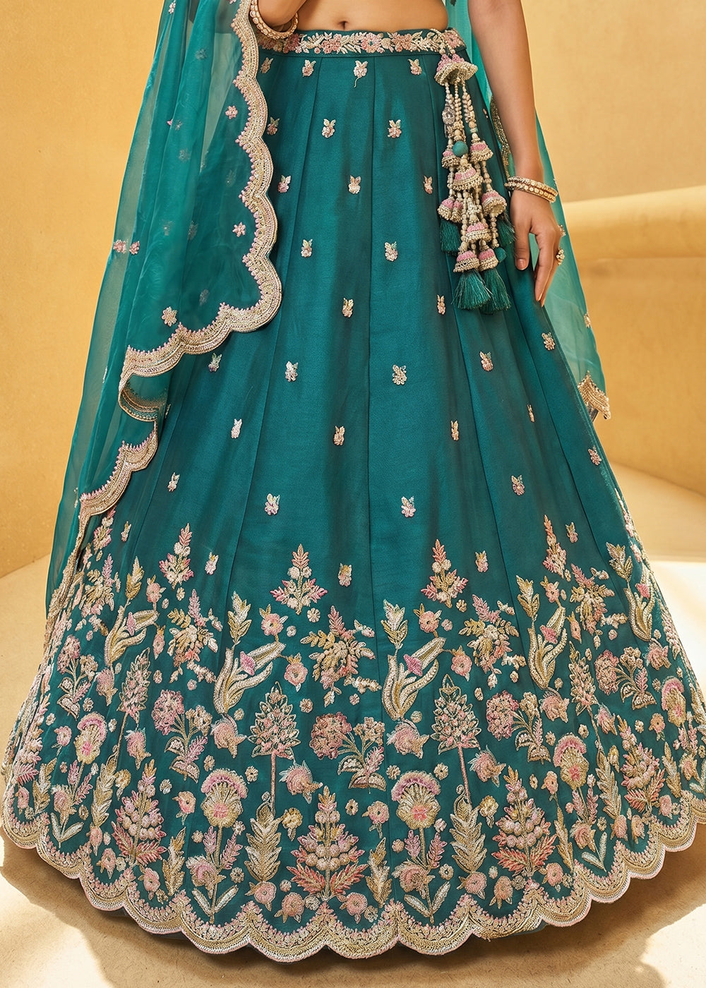 Rama Green Silk Blend Lehenga Choli with Floral Embroidery