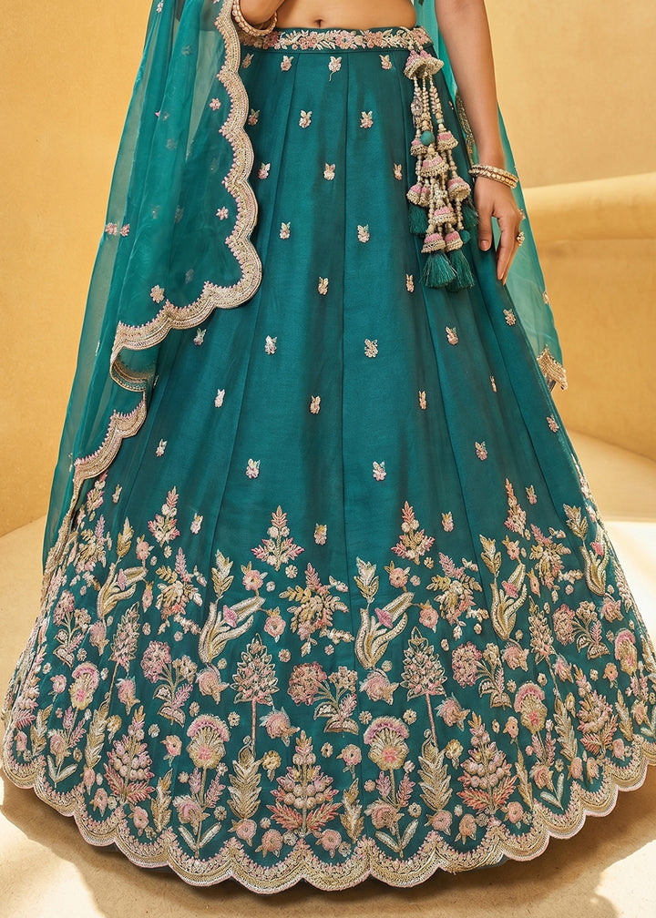 Rama Green Silk Blend Lehenga Choli with Floral Embroidery