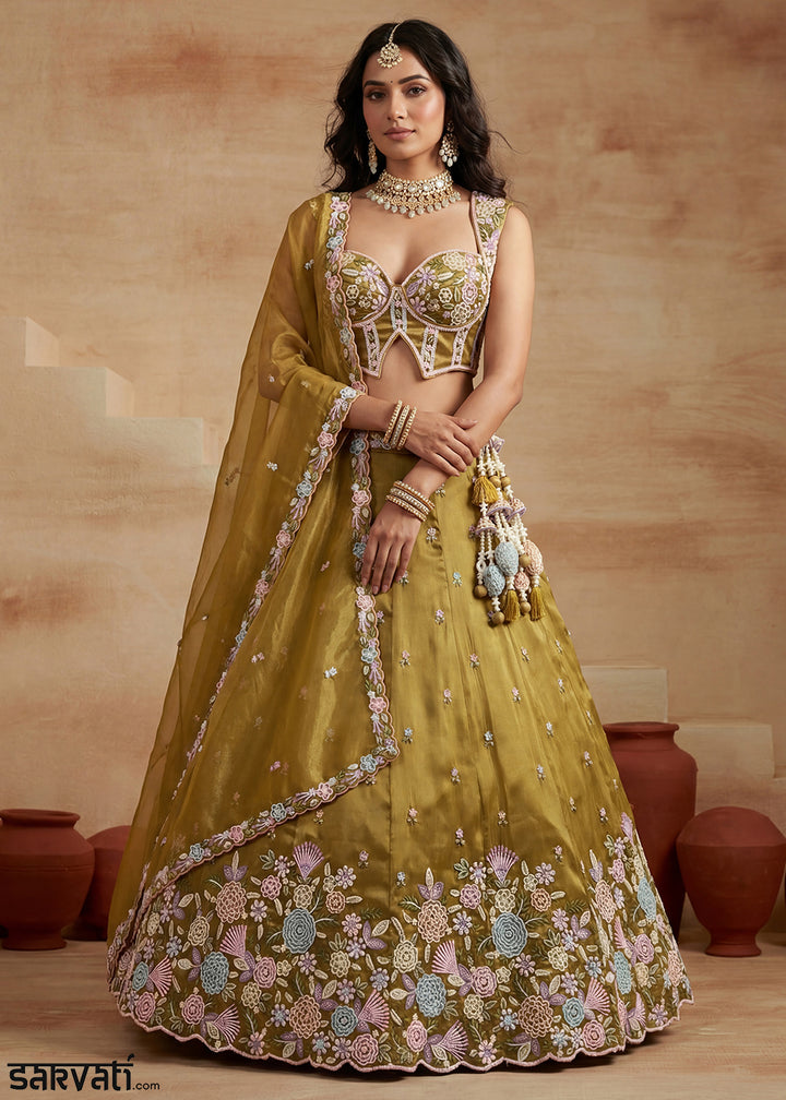 Mustard Silk Blend Lehenga Choli with Corset Blouse