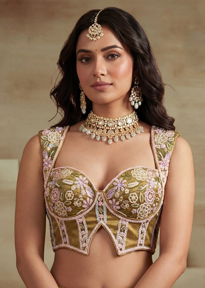 Mustard Silk Blend Lehenga Choli with Corset Blouse