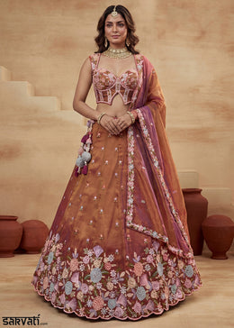 Rust Silk Blend Lehenga Choli with Corset Blouse
