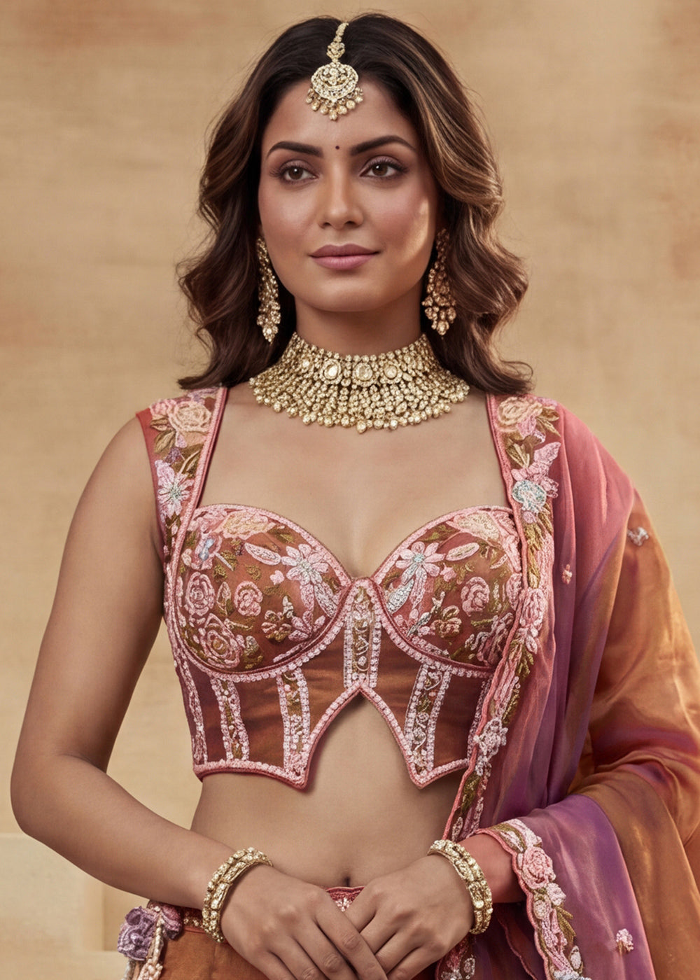 Rust Silk Blend Lehenga Choli with Corset Blouse