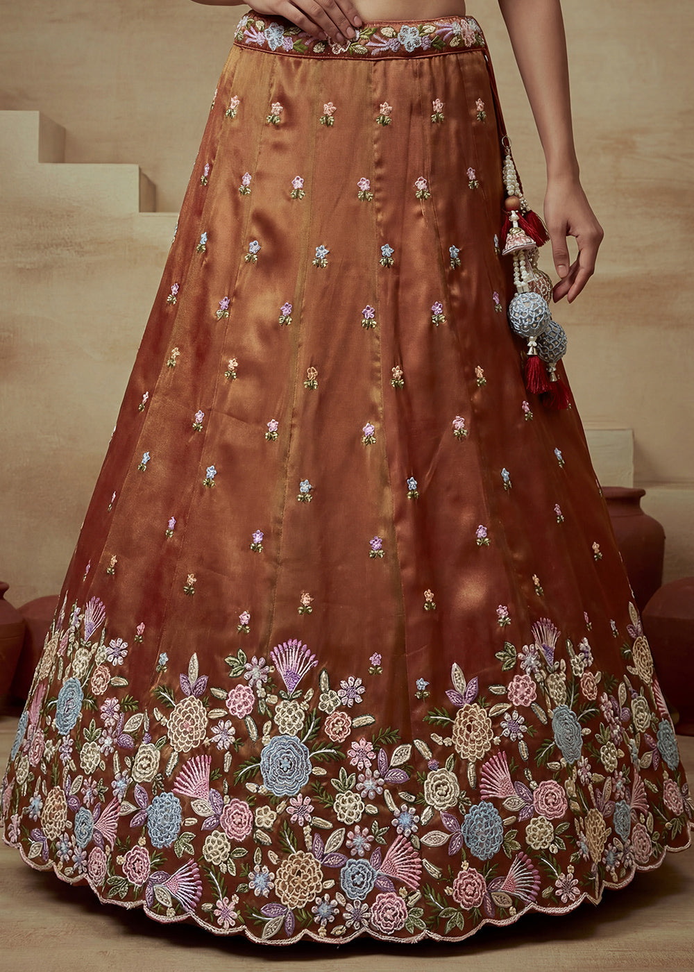 Rust Silk Blend Lehenga Choli with Corset Blouse