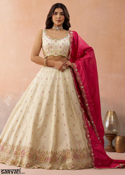 Cream White Silk Lehenga Choli with Beads & Sequins work & Pink Dupatta