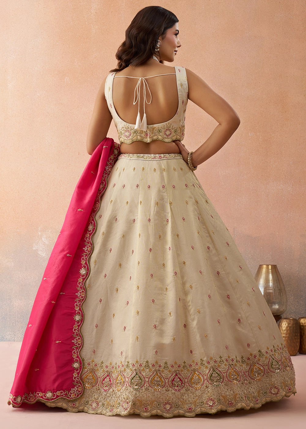 Cream White Silk Lehenga Choli with Beads & Sequins work & Pink Dupatta