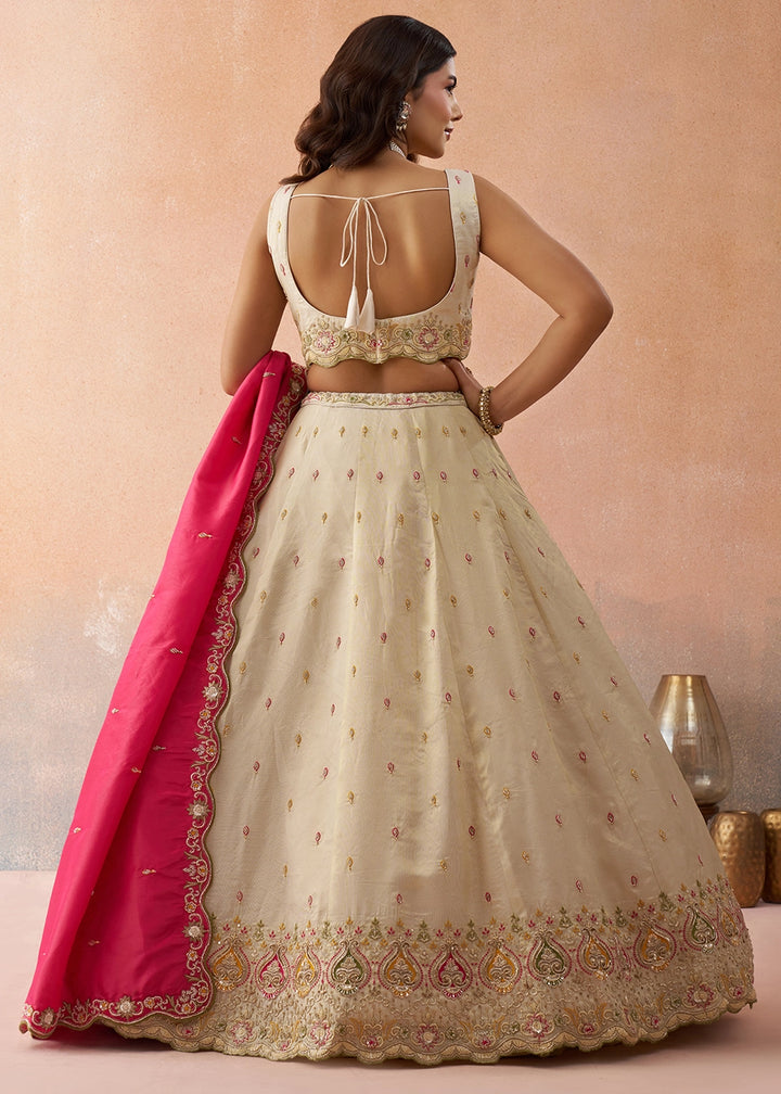 Cream White Silk Lehenga Choli with Beads & Sequins work & Pink Dupatta