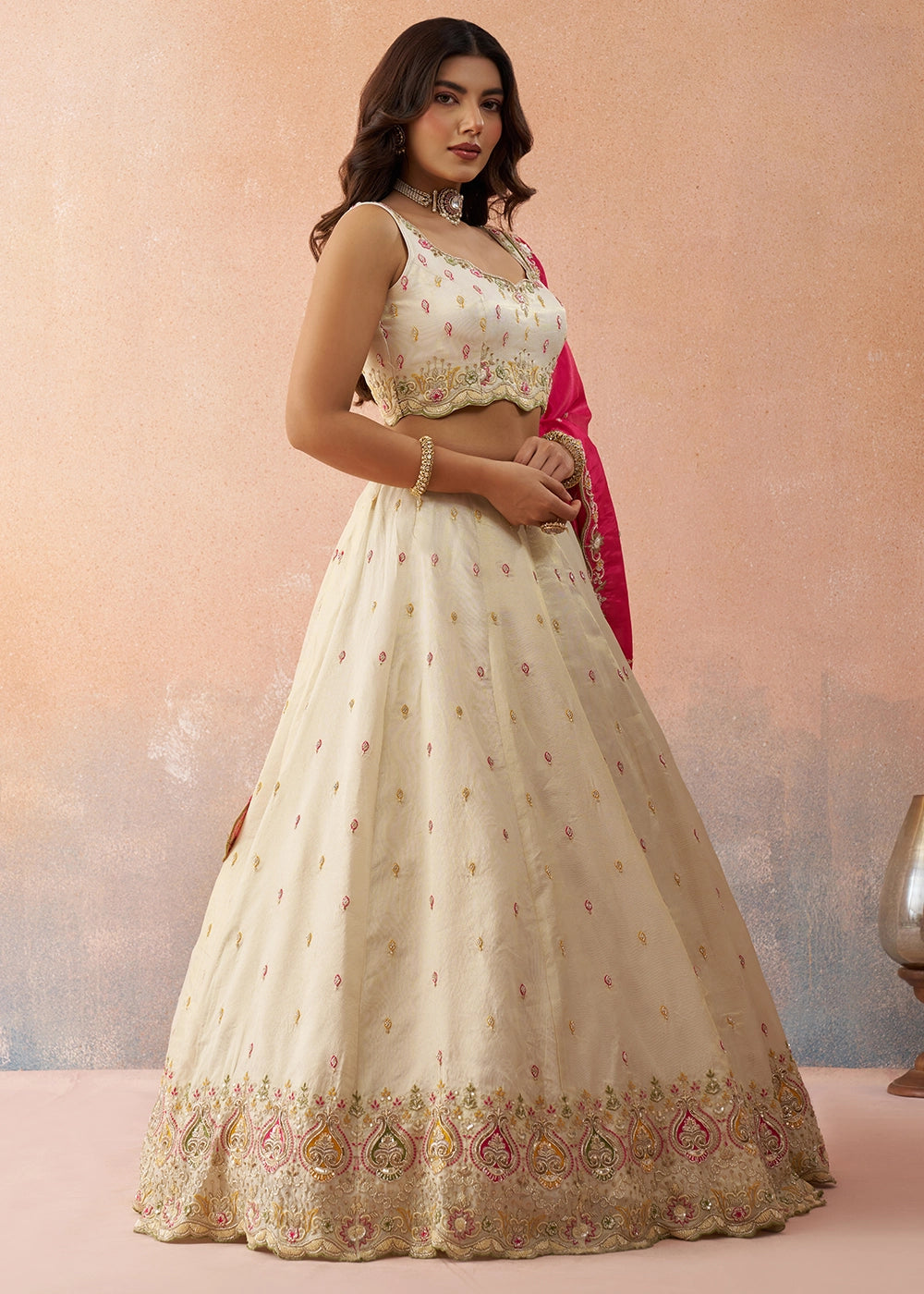Cream White Silk Lehenga Choli with Beads & Sequins work & Pink Dupatta