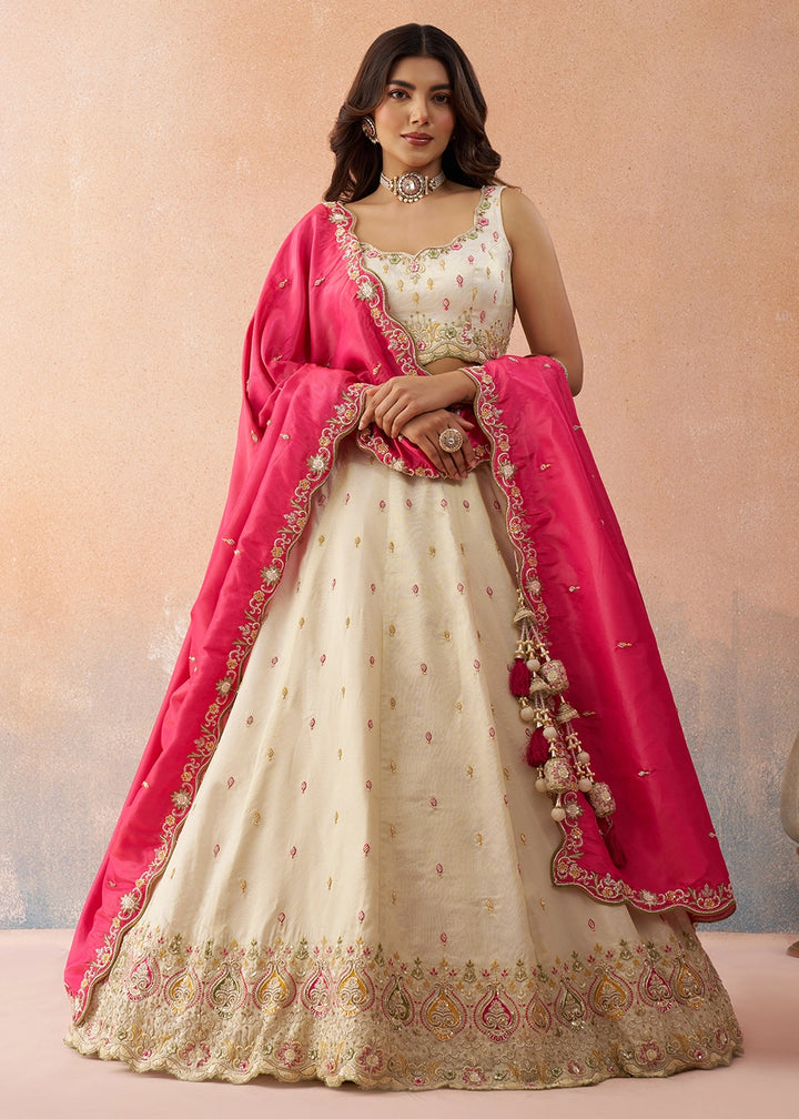Cream White Silk Lehenga Choli with Beads & Sequins work & Pink Dupatta