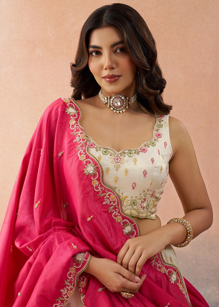 Cream White Silk Lehenga Choli with Beads & Sequins work & Pink Dupatta