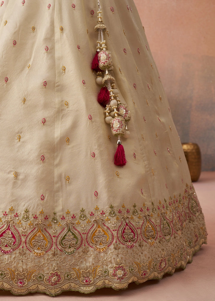 Cream White Silk Lehenga Choli with Beads & Sequins work & Pink Dupatta