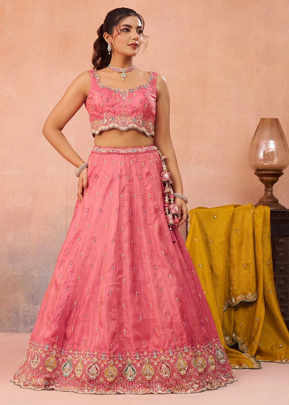 Punch Pink Silk Lehenga Choli with Beads & Sequins work