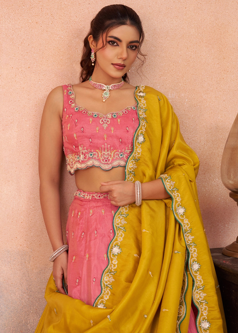 Punch Pink Silk Lehenga Choli with Beads & Sequins work