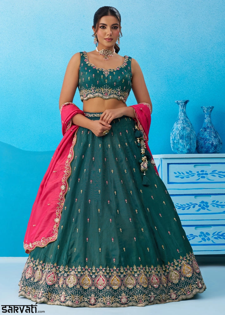 Rama Green Silk Lehenga Choli with Beads & Sequins work