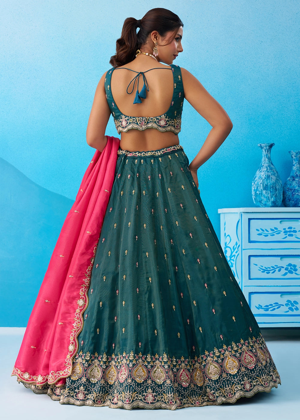 Rama Green Silk Lehenga Choli with Beads & Sequins work
