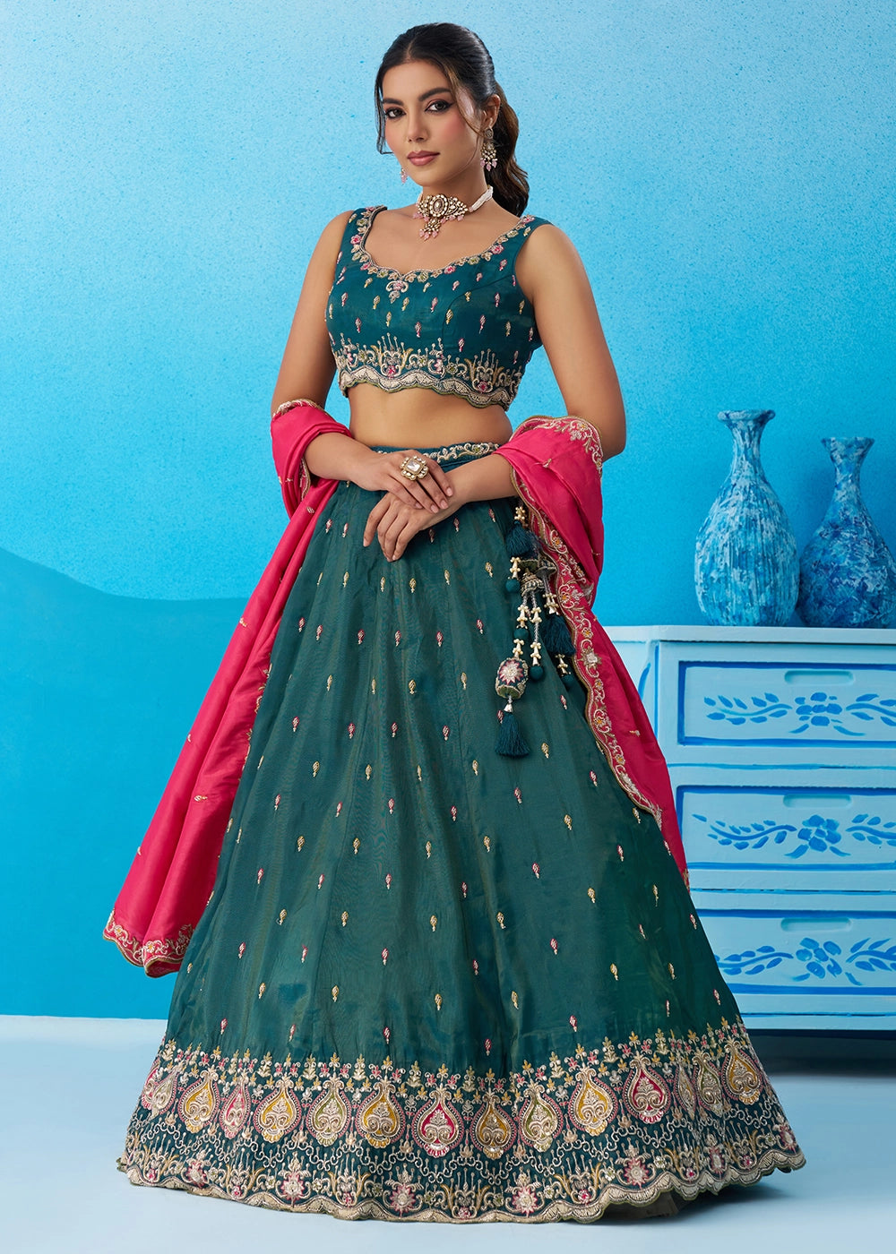 Rama Green Silk Lehenga Choli with Beads & Sequins work
