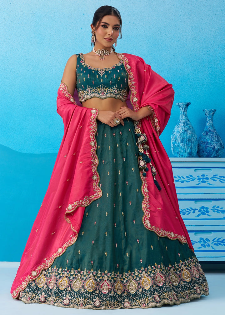 Rama Green Silk Lehenga Choli with Beads & Sequins work