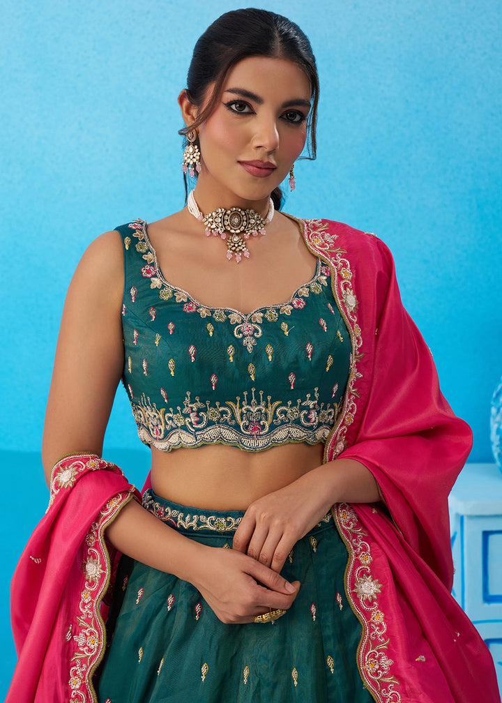 Rama Green Silk Lehenga Choli with Beads & Sequins work