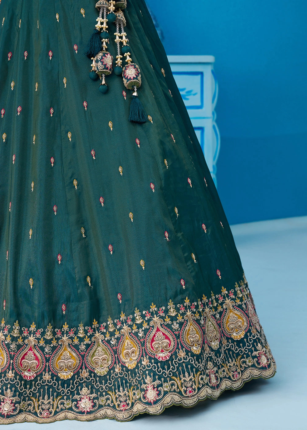 Rama Green Silk Lehenga Choli with Beads & Sequins work