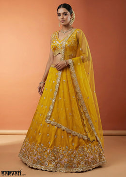 Mustard Silk Blend Lehenga Choli with Zari Embroidery