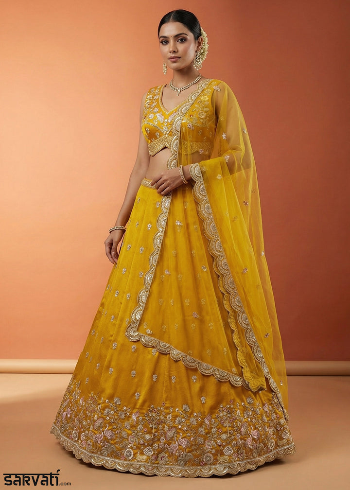 Mustard Silk Blend Lehenga Choli with Zari Embroidery