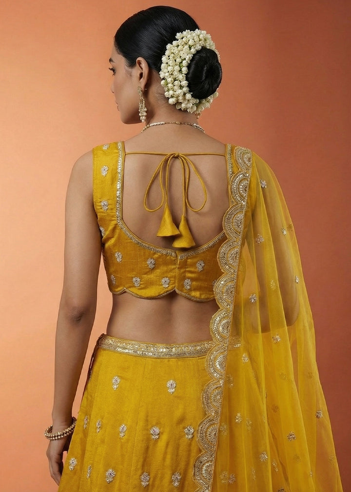 Mustard Silk Blend Lehenga Choli with Zari Embroidery