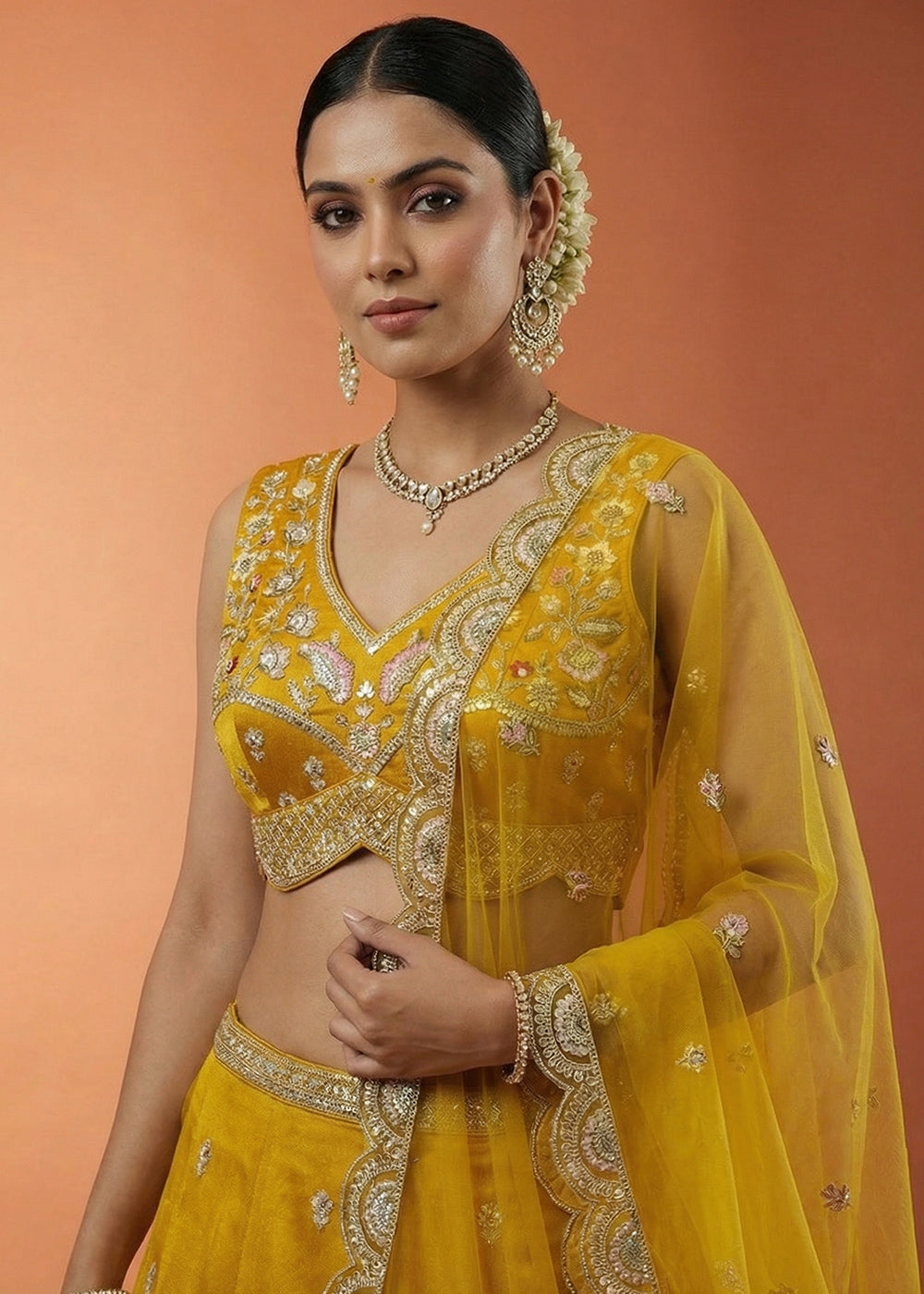 Mustard Silk Blend Lehenga Choli with Zari Embroidery