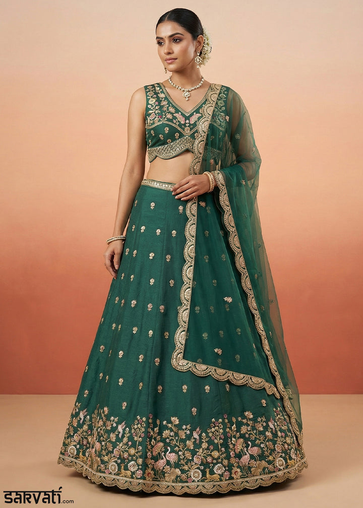 Rama Green Silk Blend Lehenga Choli with Zari Embroidery