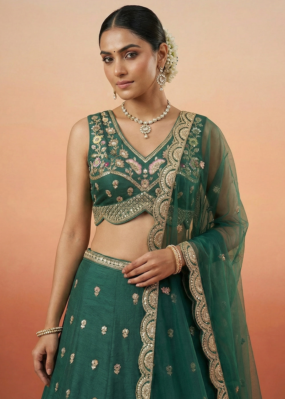 Rama Green Silk Blend Lehenga Choli with Zari Embroidery