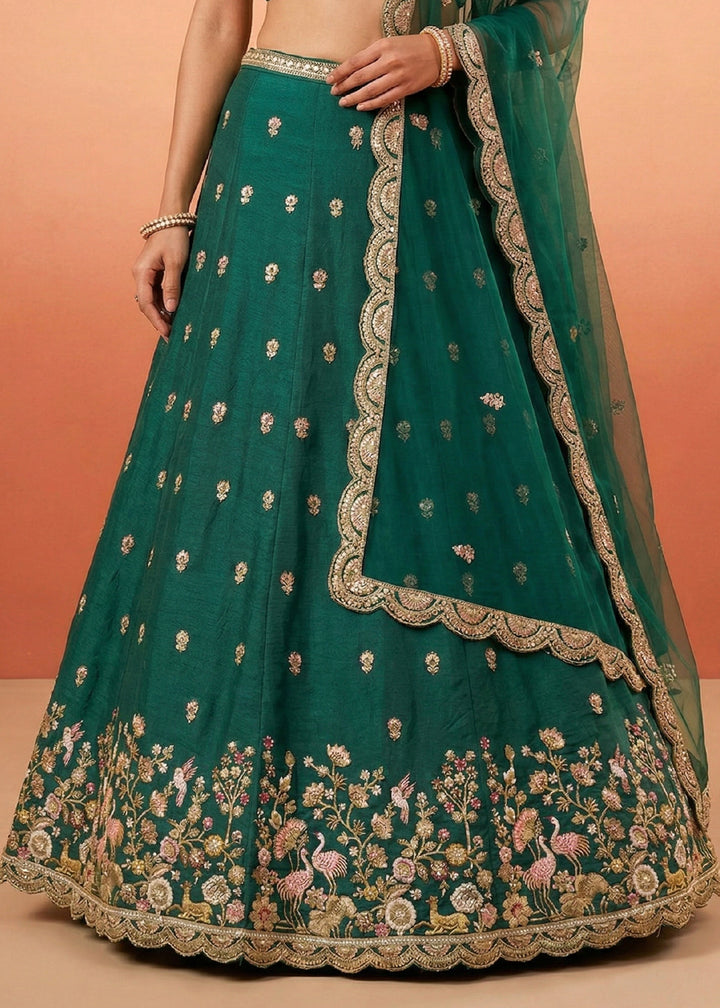 Rama Green Silk Blend Lehenga Choli with Zari Embroidery